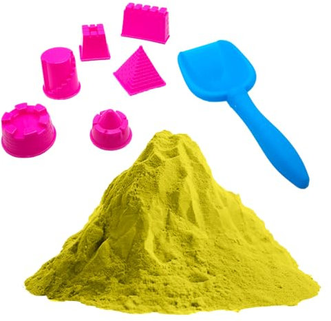 Sable cinétique naturel 1 kg avec 6 pochoirs et pelle pour enfants – Set créatif sable magique jeu sensoriel – Facile à modeler, non sec, pour activités artistiques et cadeaux éducatifs (jaune)