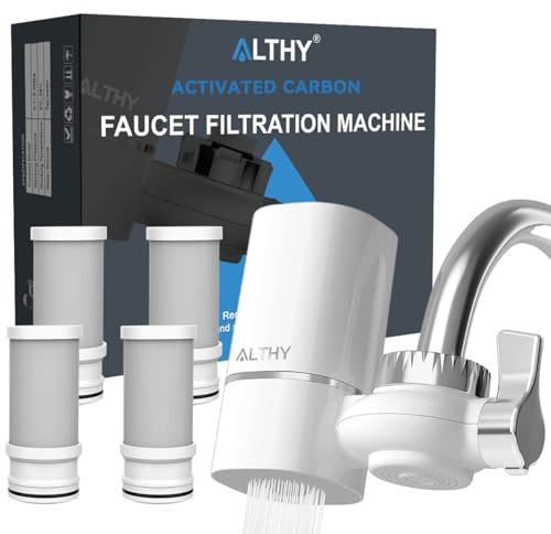 ALTHY T1 Filtre à eau pour robinet, système de filtration en fibre de carbone actif de 400 gallons, sans BPA, élimine le chlore, les métaux lourds et le mauvais goût (4 filtres inclus)