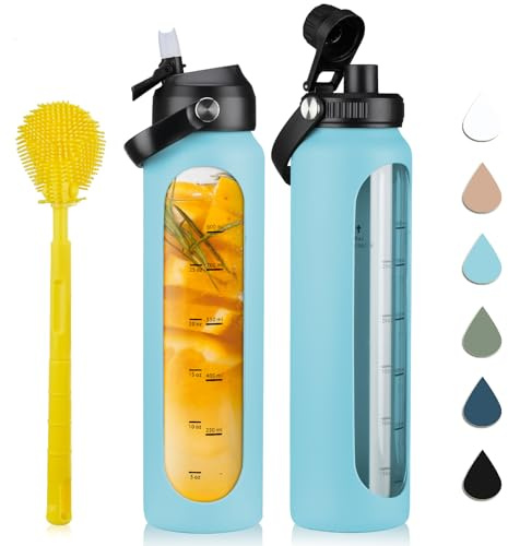 Borraccia in vetro borosilicato con 2 coperchi, coperchio con beccuccio e coperchio con cannuccia, 1 litro, con custodia in silicone e indicatore del tempo, a prova di perdite
