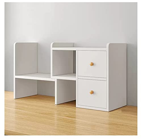 Bücherregal Holz-Schreibtischregal, verstellbarer Schreibtisch-Aufbewahrungsorganisator, Präsentationsregal mit 2 Schubladen, weiß, freistehendes kleines Bücherregal, Schreibtischzubehör-Organizer Bür