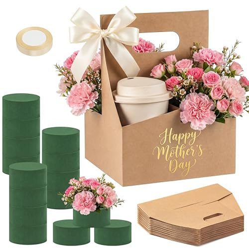 Reallnaive 18 Pack Mother's Day Gift 4 Cup Drink Carrier with Handle Floral Foam Set Kraft Coffee Carrier Holder Green Round Flower Foam Gift Cards for Teacher's Day Appreciation Party Favors