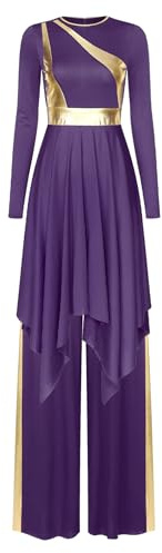 Linjinx Abito da Danza Cristiana Lode per Donna Manica Lunga Patchwork Brillante Vestito Balletto Lirico di Tulle E Pantaloni Larghi da Ballo Viola L