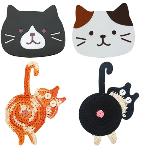 ZXTGBQ Lot de 4 Dessous de Verre Chat sous-Verres Décoratifs Anti-dérapants & Résistants à la Chaleur en Silicone en Forme de Chat Tissés pour Table, Bureau, Boissons, Meubles de Cuisine