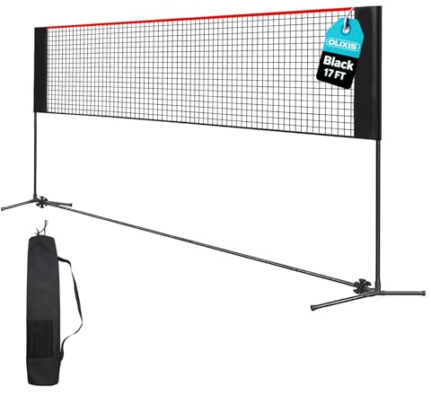 OLIXIS Portable Badminton Net, Height Adjustable Volleyball Net, Badminton Net with Carry Bag, Volleyball Net for Pool, BackyardGame Indoor Outdoor Use, 17FT Wide, Red