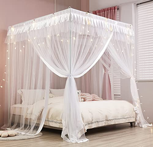 Mengersi 4 Corners Post Canopy Bed Curtains for Girls Kids Adults Queen Size- Cute Cozy Drape Square Netting - 4 Opening Mosquito Net - Princess Bedroom Decoration Gift