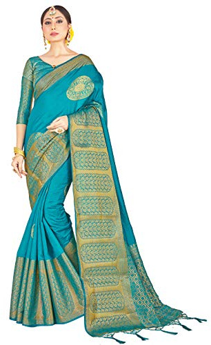 Elina fashion Sari per Donne Seta Arte Banarasi Tessuta - Sari Indiano per Regalo Diwali Festival & Camicetta Non Cucita, Verde acqua, Taglia Unica
