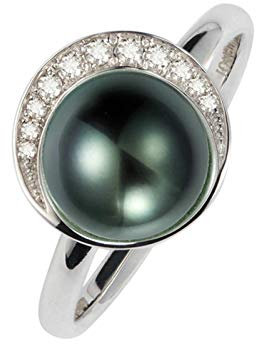 KnBoB 18K Weißgold 750 Ring für Frauen Halbmond Weiß Runde 0.18CT Diamant mit Schwarze Runde Perle Eheringe Vorsteckring Gr 50 (15.9)