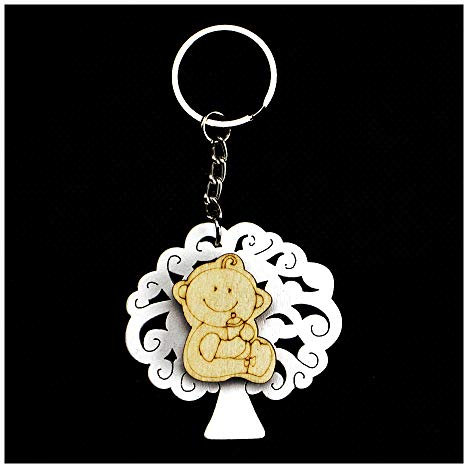 DLM-31849 (Kit 12 Pezzi) Portachiavi Ciondolo in Legno Albero della Vita e Neonato Bebè con Biberon Nascita Confettata bomboniera