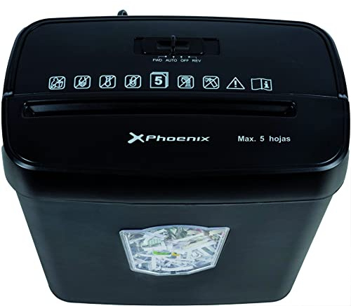 Phoenix Technologies - Descructora de Papel 12L, 7 Segundos por Hoja, hasta 5 Hojas a la Vez, Corte Cruzado, Recipiente Separable Negro