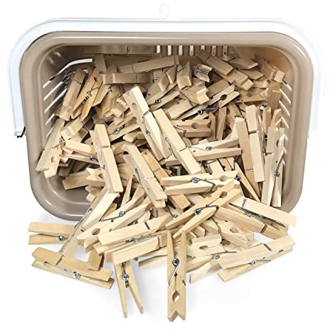 Pinzas de Madera con Cesta Rectangular Pack 48 COM-FORT HOUSE | Agarre fuerte, Resistentes a la humedad, Madera natural, Reutilizables