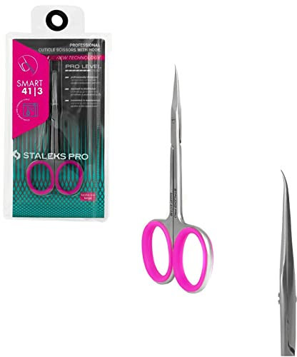 Staleks Pro - Forbici Professionali per Pelle Cuticola, Lame con Gancio e Manici in Silicone Rosa, Affilatura Manuale, Smart 41 Type 3, SS-41/3