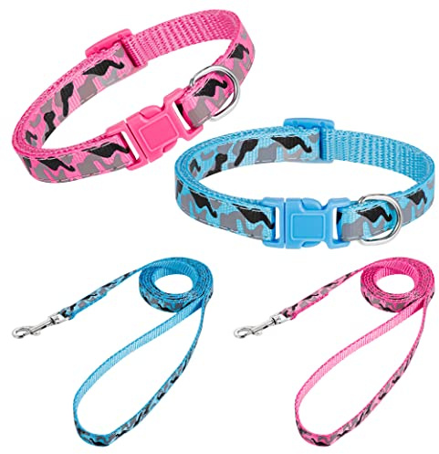 2 Stück Welpenhalsbänder mit Leine Set, Hundehalsband und Leine Farbblöcke | Verstellbares Hundehalsband Weich Nylon Haustier Halsband für Welpen Kleine Mittlere Hunde