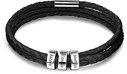 OTXIXTO Bracciale in Pelle da Uomo con Personalizzato Anelli di Nome Fibbia Magnetica Dono del Braccialetto ID per Lui papà Ragazzo Nonno Marito