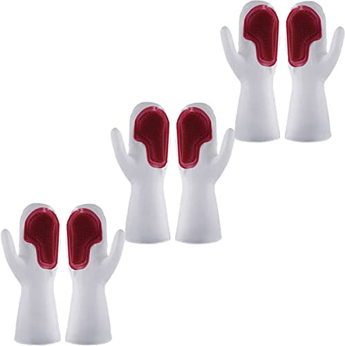 BAMFY Guantes Limpieza for Cocina Silicona Reutilizable Guantes Fregar Guantes De Esponja De Limpieza, Guantes Domésticos 3 Pares (Color : Red, Size : A)