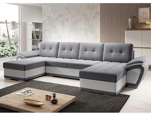 Easy4You ENZO Grau/Weiß Eco-Leder Ecksofa U-Form 336 x 97 x 157 cm mit Schlaffunktion und Stauraum - Schlafsofa mit Bettkasten - Moderne Wohnzimmermöbel – Stoff: SORO 93 + Soft 17