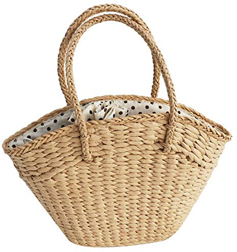 Peukerty Bolso de mano de mimbre tejido para mujer, bolso de hombro para playa, bolsa tejida de paja - Capacidad portátil cesta de puntos cartera A, Khaki