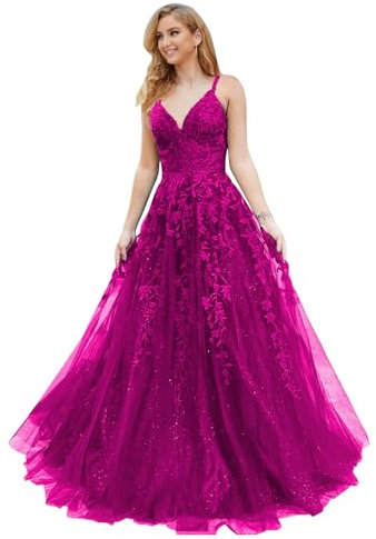PEIYJYUSP Vestido largo de tul con purpurina y apliques de encaje, cuello en V, vestido de fiesta formal para mujer, Fucsia, 8