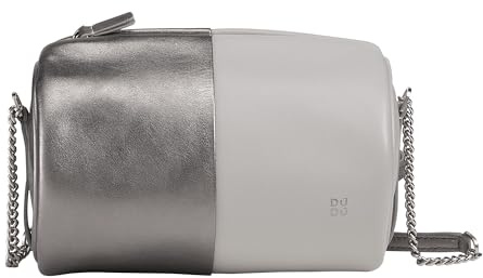DUDU Barell -Ledertasche, Umhängetasche mit Kette und Leder, stilvolle Mode kleine zylindrische Tasche mit Reißverschluss Silber