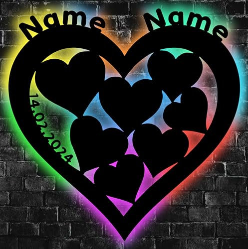 Waluna® Liebesgeschenk zum Valentinstag Herzen Hochzeitsgeschenk für Brautpaar Led zum Jahrestag personalisiert mit zwei Namen und Datum in 12 Holzfarben Deko Schlummerlicht Nachtlicht