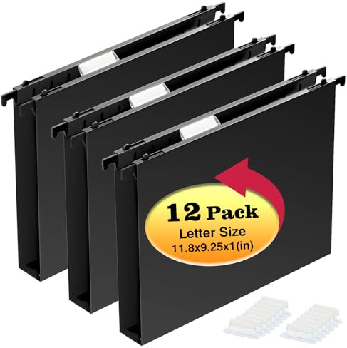 Hängande arkivmappar i plast med extra kapacitet, 12-pack förstärkt hängmapp, slitstark 2,5 cm expansion, arkivskåp mappar brevstorlek för bulkfiler/medicinska diagram (inget förseglat, svart)