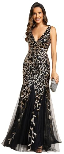 Ever-Pretty Vestido formal sin mangas con lentejuelas y cuello en V doble | Bordado de lentejuelas, vestido de noche formal, cuello en V sexy, sin mangas, bodycon, longitud hasta el suelo