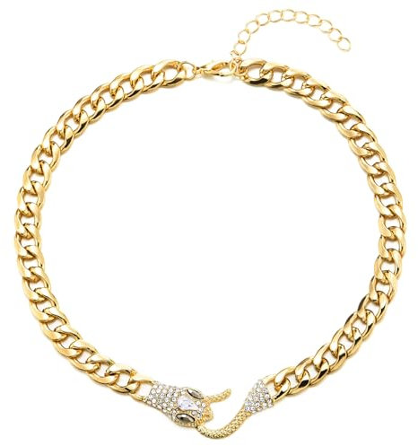 COOLSTEELANDBEYOND Pesante Oro Catena Collana per Donna con Strass Incrostato Serpente Testa Chiusura, Statement Dichiarazione Collana