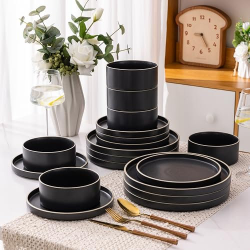 LeRatio Dinner Set for 6, 18 Piece Stoneware Plates and Bowls Set, Chip and Scratch Resistant Dinnerware Set, Oven & Dishwasher & Microwave Safe Crockery Set (Speckle Black-White Rim, Service for 6)