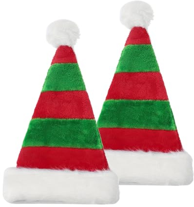 FUIPVGI 2 Pezzi Bonnet de Noel Costume pere Noel Cappello di Babbo Natale per Adulti Unisex,Fascia Natalizia a Strisce Rosse e Verdi per le Feste di Capodanno(2 Pezzi)
