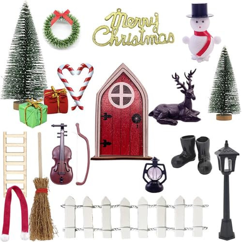 JSTHHTT 22 Stück Wichteltür Set, Wichtel Zubehör Weihnachten, Wichteltür Komplettset für Kinder, mit Zubehör Stiefel Laterne Weihnachtsbaum Dekokranz Holzleiter Wichtelbesen