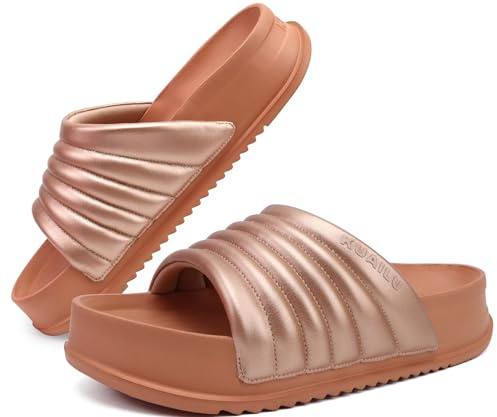 KuaiLu Womens Sandals with Arch Support Orthopedic Comfortable Lightweight Cushion Recovery Summer Fashion Leather Casual Womans Plantar Fasciitis Slides for Indoor&Outdoor Champagne Gold 7