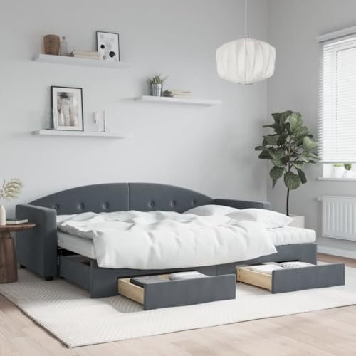 Hommdiy Tagesbett, Gästebett mit Matratze, Sofabett Schlafsofa für Schlafzimmer Wohnzimmer, Bettsofa Sofa 2-in-1, Samt Dunkelgrau,80 x 200 cm,mit Bettkasten & Schublade & Matratze