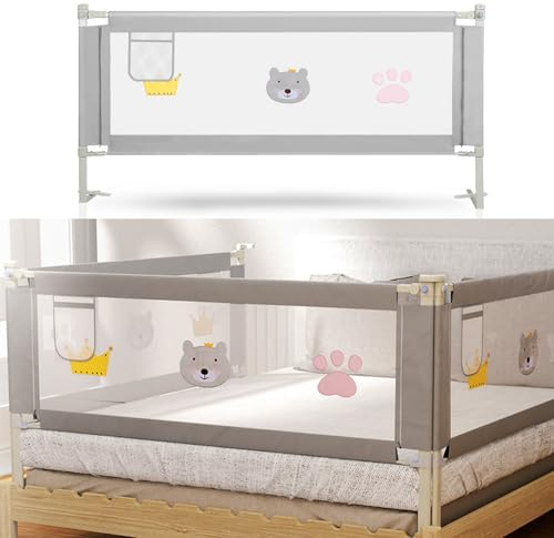 Fiqops Bettgitter Rausfallschutz 180cm Höhenverstellbar 70-98cm, Bettschutzgitter Kinderbettgitter Kinderbettschutzgitter für Kinder & Elternbetten, Stabile, Grau, 2 Stück