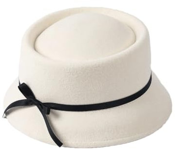 Damen-Glockenhut aus 100 % Wollfilz, mit Schleife, einfarbig, modischer Fedora-Hut, weiß, S