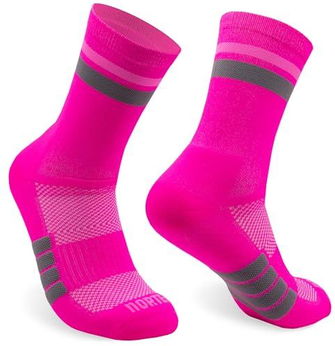 NORTEI Calzini da Corsa e Trail Running Imbottiti a metà tondo, Antiscivolo. Calze Sportive Tecniche Senza Sfregamenti per Uomo e Donna (IT, Testo, S, M, Regular, Regular, DUO Fluor Pink)