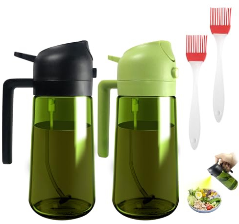 SereneJoy Glass Oil Spray Bottle, 2Pcs 2-in-1 Oil Sprayer for Cooking Air Fryer, 16oz/470ml Olive Oil Dispenser with Premium Nozzle, Kitchen Gadgets for BBQ, Salad (Green & Black)