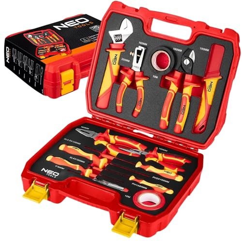NEO TOOLS Kit d'outils d'électricien : 13 pièces, outils isolés CrV/S2, testeur de tension, 2 rubans isolants, coffret, pour montage, réparation et installations