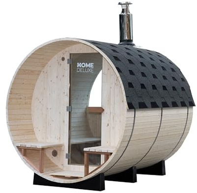 Home Deluxe Sauna tonneau avec poêle à Bois LAGOM Deluxe - Dimensions : env. 210 cm x 240 cm I Sauna tonneau poêle à Bois, Acheter Un Sauna tonneau, Sauna de Jardin, Sauna extérieur poêle à Bois,