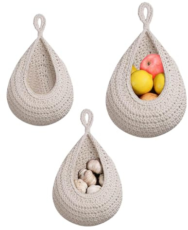 Hängende Wandkörbe, 3 Stück Hängekorb Küche, Wandhängender Obstkorb, Aufbewahrungskorb Geflochten, Hängekorb, für Küchendekoration, Wohnzimmer, Bad, Obstkorb Hängend Jute (Weiß-3)