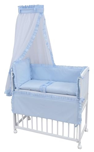 Generisch Baby Delux Beistellbett Babybett Stubenwagen weiß 90x40 mobil mit Rädern inkl. Matratze und Bettwäsche Set mehrteilig (Royal Blau Rüsche)