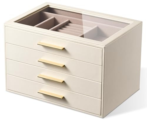 Schmuckkästchen-Organizer: 4-stöckiges schmuck kiste mit Glasfenster, Weiß | elfenbeinfarbenes Leder mit rosa Samt, Halterungen für Ringe, Halsketten, Armbänder und Uhren, tolles Geschenk für sie