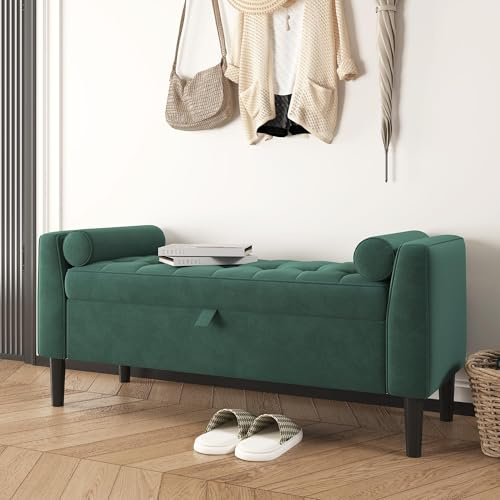 Sitzbank mit Stauraum, 43x118x55cm Moderner Fußbank mit Knopfsteppung, Truhe mit Deckel & Massivholzfüße, Stoff Polsterhocker Truhenbank bis 160 kg belastbar für Wohnzimmer Schlafzimmer Flur - Grün