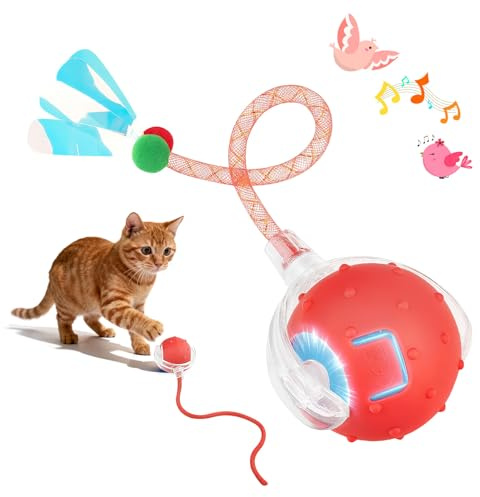 OCCOUMR Elektrischer Katzenball Interaktives Katzenspielzeug | mit 3 Modi, Vogelstimmen, 2 Schwanzseilen & LED-Licht, USB-Ladung, 360° Unregelmäßige Bewegung