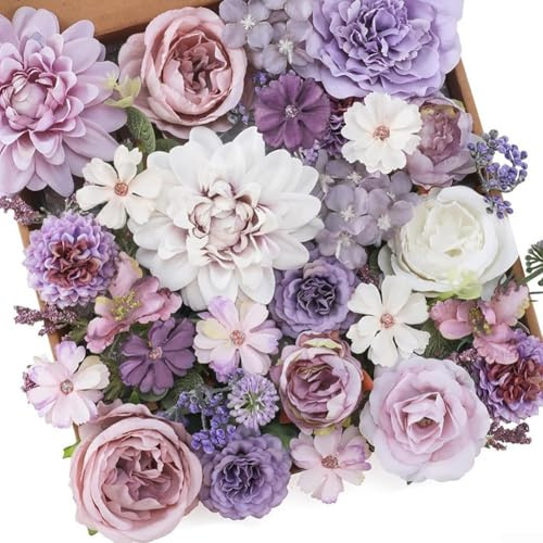 Durashmall Fioriera in seta artificiale con rose e dalie miste teste e steli floreali finti per bouquet da sposa, decorazione per torte e decorazioni per la casa e il giardino in rosa e viola (viola