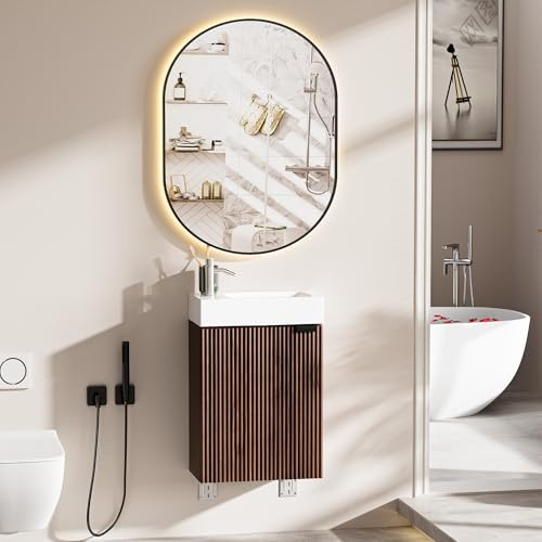 Ztexkee Waschtisch mit Unterschrank Und Badspiegel Badmöbel Set 40x22x58cm Unterschrank 60x80cm Oval Badspiegel mit Beleuchtung Tür für Gäste WC (Wasserhahn Nicht im Lieferumfang enthalten) Braun