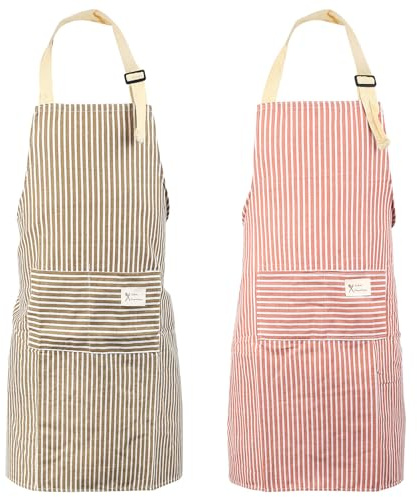 zrfgbxim 2 Pcs Aprons for Women Men, Kitchen Chef Aprons for Cooking Apron, Unisex Adjustable Bib Apron with 2 Pockets, for Home Kitchen Cooking Baking Restaurant Household Cleaning (Red, Brown)