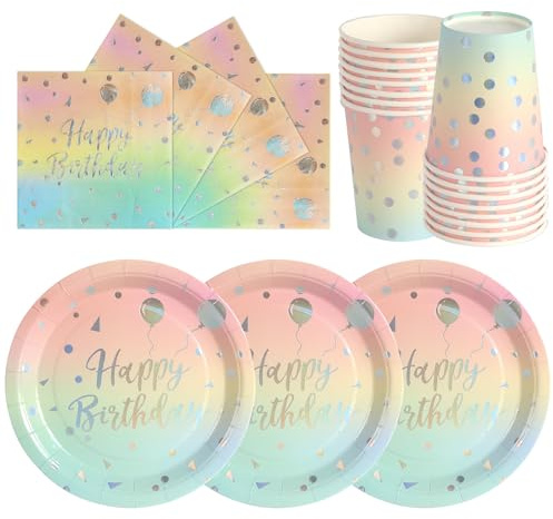 hailstones Plata Arcoíris 72 Piezas de Vajilla de Papel para Cumpleaños Infantiles: Platos, Vasos, Servilletas - 24 Invitados