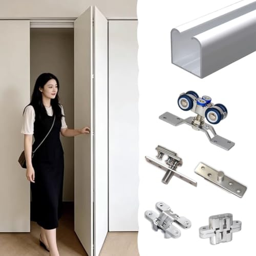 Vibeo Kit Puerta Corredera Oculta Kit de Herrajes para Puertas Plegables de Dos Hojas, Guía Superior para Puertas Correderas de Armario, Rieles de Aluminio para Armarios Plegables(75cm/30in)