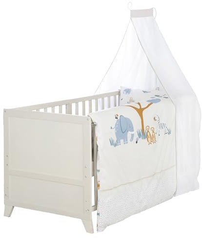 roba Komplettbettset Savanna Friends - Babybett 70 x 140 cm aus Holz inkl. Matratze, Bettwäsche, Himmel & Himmelstange - Mitwachsend ab 6 Monate - Naturgrau