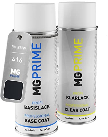 MG PRIME Autolack Spraydose für BMW 416 Carbonschwarz Metallic + Klarlack | Carbon Black Metallic, Set aus Basislack + Klarlack, Sprühdosen 400ml