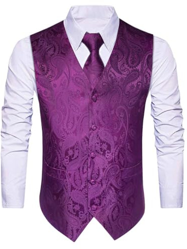 HISDERN Gilet Costume Homme Violet Paisley Mariage Gilet Cravate Pochette Mouchoir Ensemble Jacquard Gilets Sans Manche Hommes L